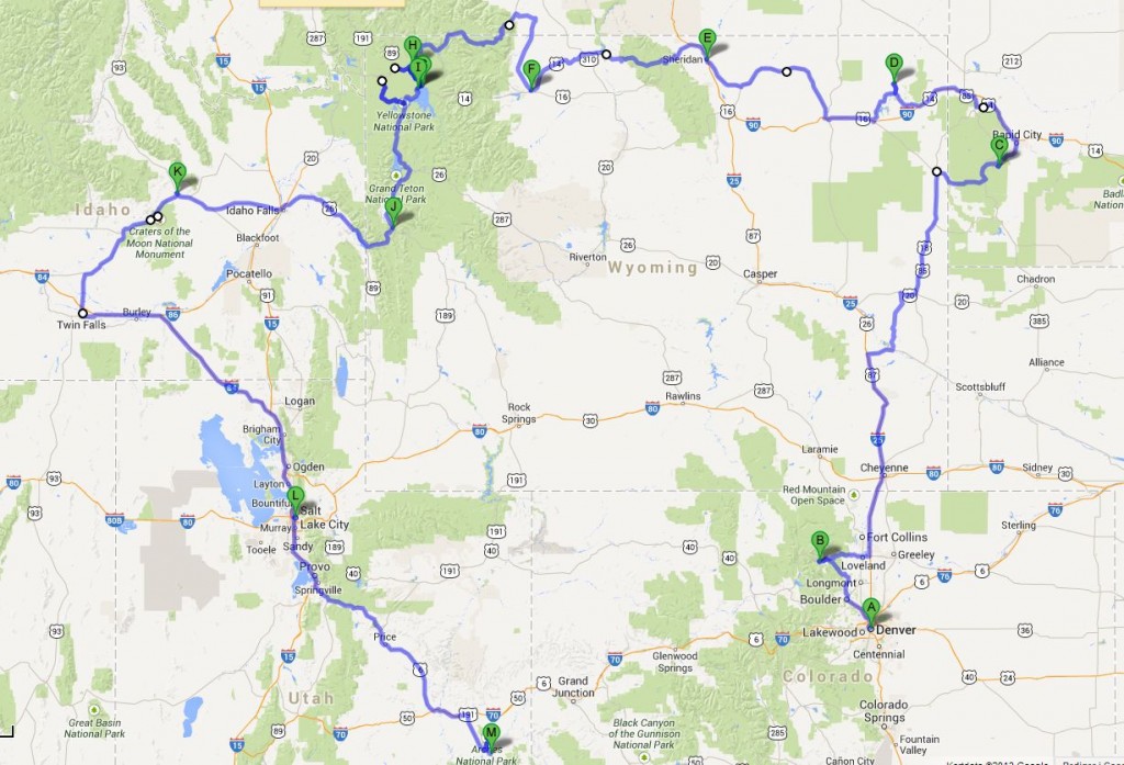 Kort 1 og Kort 2 er vores 20 dage i RV fra Denver til Las Vegas.  (Google Maps kan bare ikke længere håndtere alle punkterne på én gang.)